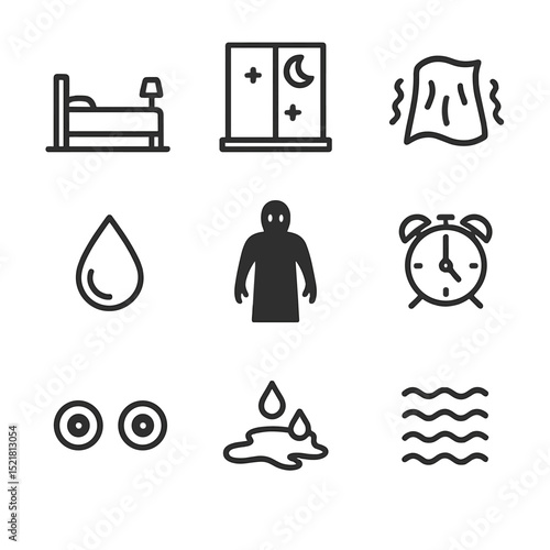 Night Terrors Icons. Outline icon set of night terror scenes: dark bedroom, moonlit window, shaking blanket, sweat drop, shadow