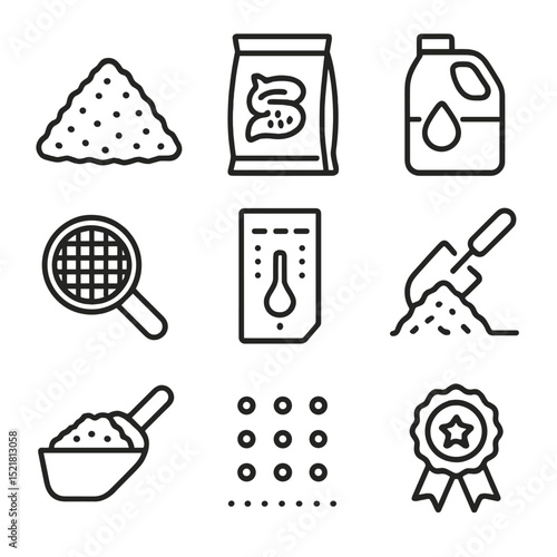 Worm Composting Icons. Outline icon set of worm castings and byproducts: worm castings pile, vermicompost bag, liquid worm tea,
