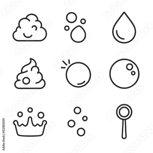 Soap Foam Icons. Outline icon set of soap foam & bubbles: foam mound, bubble cluster, suds drop, lather swirl, bursting bubble,