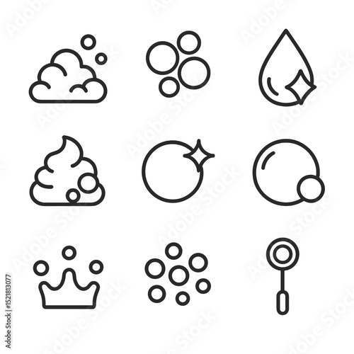 Soap Foam Icons. Outline icon set of soap foam & bubbles: foam mound, bubble cluster, suds drop, lather swirl, bursting bubble,