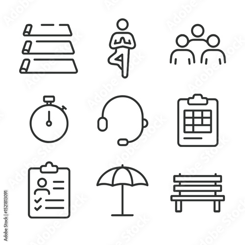 Yoga Class Icons. Outline icon set of group yoga class: lined-up mats, instructor figure, student silhouettes, class timer,