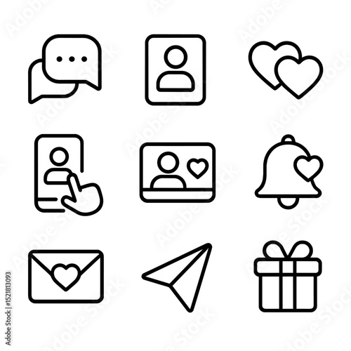 Online Dating Icons. Outline icon set of online dating interactions: chat bubbles, profile picture, match icon, swipe gesture,