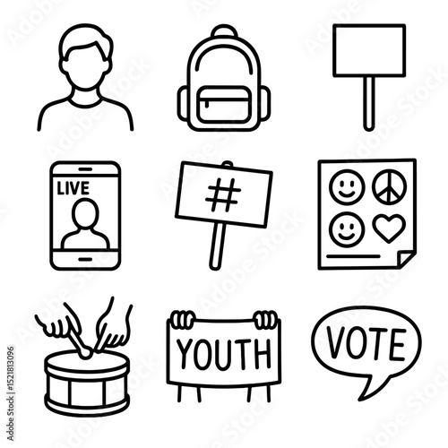 Youth Activism Icons. Outline icon set of youth activism gathering: teenager silhouette, backpack, protest sign, smartphone