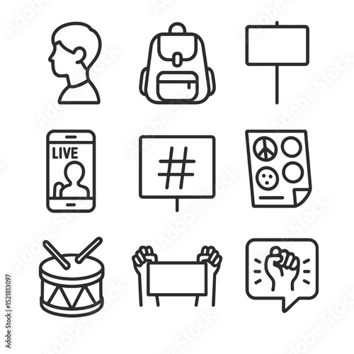 Youth Activism Icons. Outline icon set of youth activism gathering: teenager silhouette, backpack, protest sign, smartphone