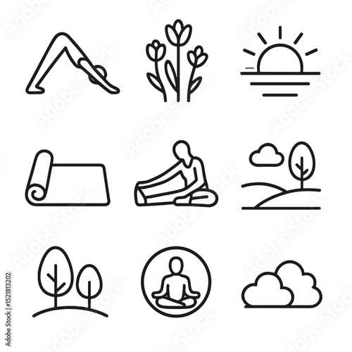 Outdoor Fitness Icons. Outline icon set of outdoor fitness: yoga poses, spring flowers, morning sun, fitness mat, stretching,