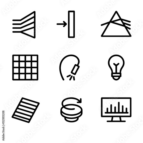 Spectroscopy Icon Set. Outline icon set of spectroscopic instrumentation: diffraction grating, spectrograph slit, prism, CCD