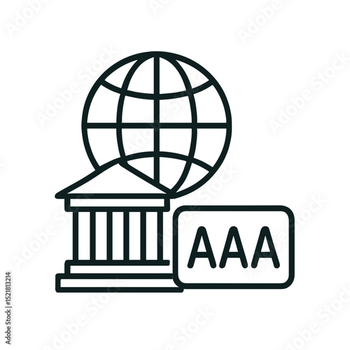 Minimal line art icon of global credit rating agency with classical building, globe, and AAA rating symbol