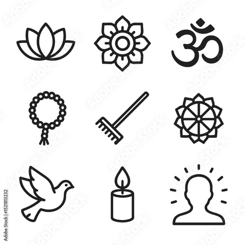 Spiritual Bliss Icons. Outline icon set of spiritual bliss symbols: lotus flower, mandala pattern, Om symbol, prayer beads, zen