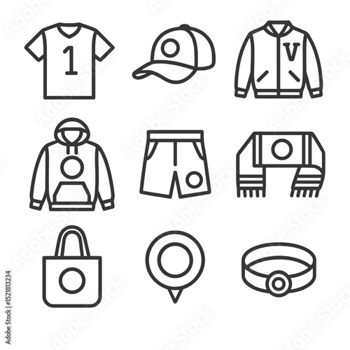 Sports Merch Icons. Outline icon set of sports-team merch fusion: jersey, team cap, varsity letterman, logo hoodie, sweatshorts,