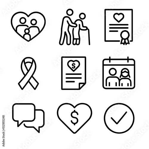Spousal Caregiver Icon Set. Outline icon set of spousal and caregiver credits: heart with family, caregiver silhouette, marriage