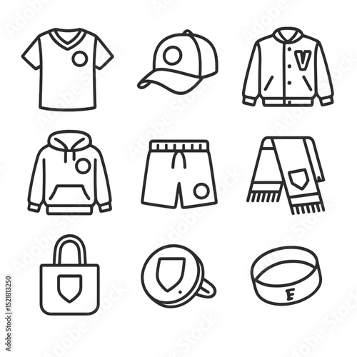 Sports Merch Icons. Outline icon set of sports-team merch fusion: jersey, team cap, varsity letterman, logo hoodie, sweatshorts,