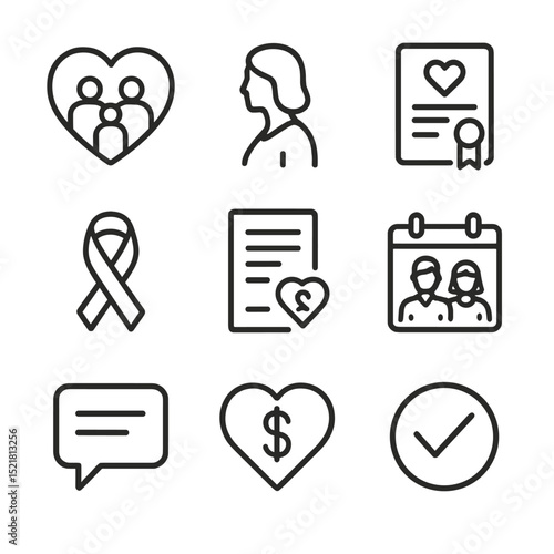 Spousal Caregiver Icon Set. Outline icon set of spousal and caregiver credits: heart with family, caregiver silhouette, marriage