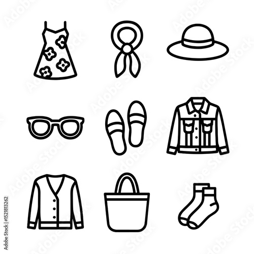 Spring Fashion Icons. Outline icon set of spring fashion: floral dress, light scarf, sun hat, sunglasses, espadrilles, denim