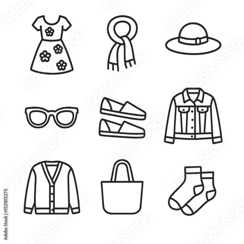 Spring Fashion Icons. Outline icon set of spring fashion: floral dress, light scarf, sun hat, sunglasses, espadrilles, denim