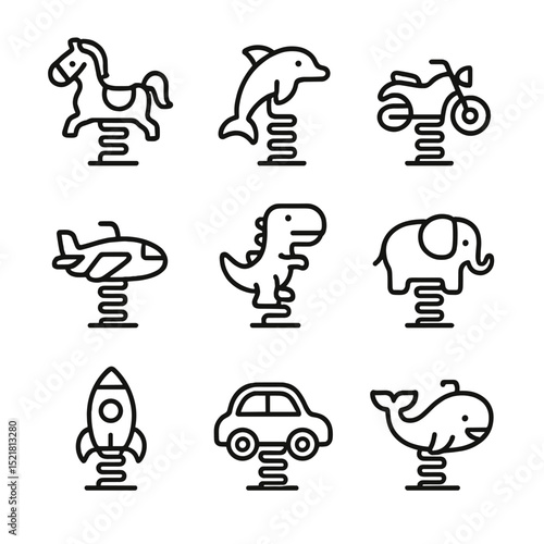 Spring Rider Icons. Outline icon set of spring rider animal designs: horse rocker, dolphin springer, motorcycle bouncer, airplane