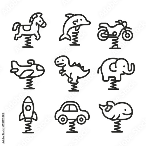 Spring Rider Icons. Outline icon set of spring rider animal designs: horse rocker, dolphin springer, motorcycle bouncer, airplane