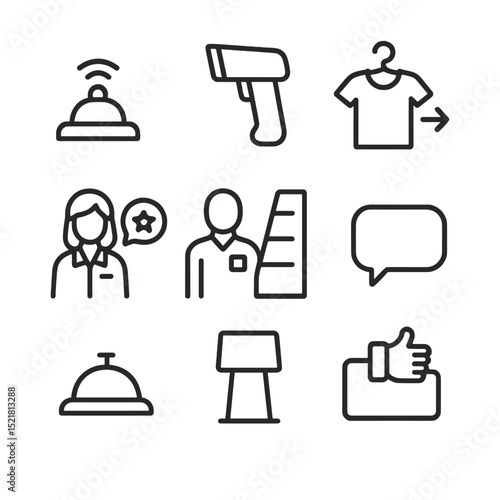 Staff Assistance Icons. Outline icon set of staff assistance features: attendant call button, price scanner, size fetch request,