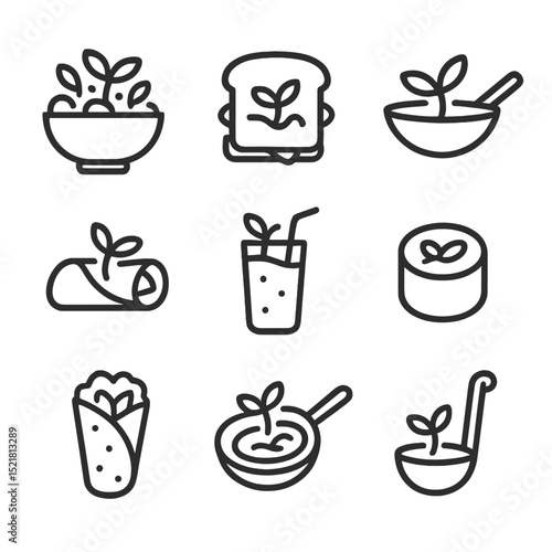 Sprout Recipe Icons. Outline icon set of sprout-based recipes: sprout salad bowl, sandwich layer, stir-fry wok, spring roll wrap,