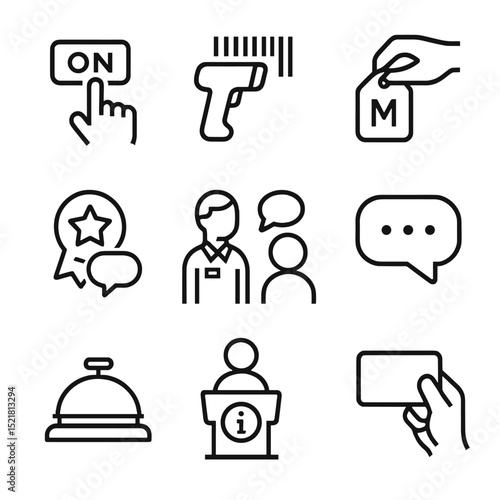 Staff Assistance Icons. Outline icon set of staff assistance features: attendant call button, price scanner, size fetch request,