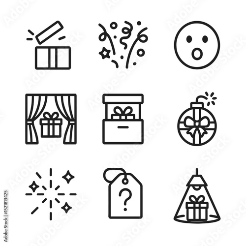 Surprise Gift Icons. Outline icon set of surprise gift moments: popping box lid, jumping confetti, surprised face, reveal curtain,