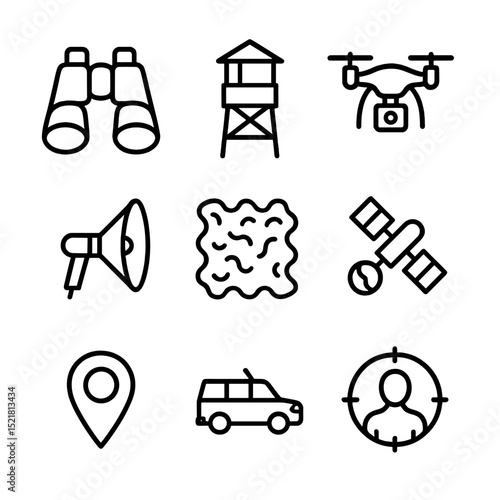 Surveillance Tool Icons. Outline icon set of reconnaissance and surveillance: binoculars, observation post, drone with camera,