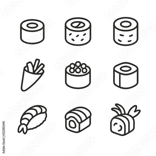 Sushi Roll Icons. Outline icon set of sushi roll types: hosomaki, futomaki, uramaki, temaki, gunkan, oshi maki, dragon roll,