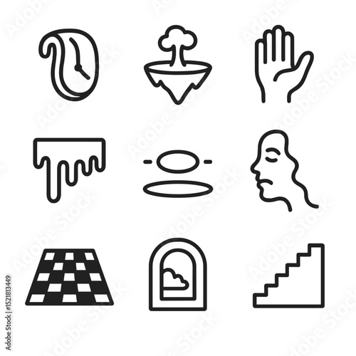 Surreal Art Icon Set. Outline icon set of surreal reality art: melting clock, floating island, disembodied hand, dripping paint,
