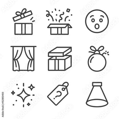 Surprise Gift Icons. Outline icon set of surprise gift moments: popping box lid, jumping confetti, surprised face, reveal curtain,