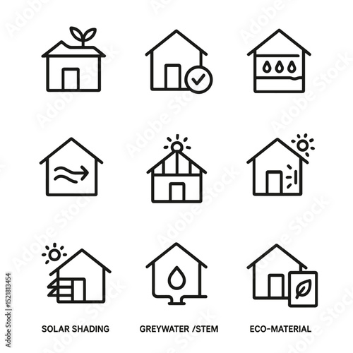 Sustainable Building Icons. Outline icon set of sustainable building design: green roof, passive house, rainwater harvesting,