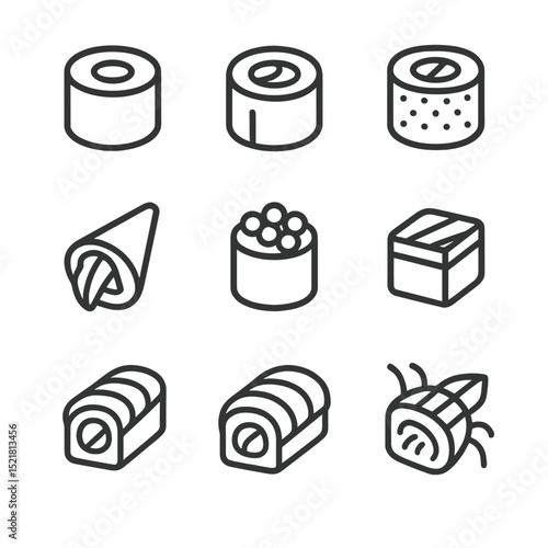 Sushi Roll Icons. Outline icon set of sushi roll types: hosomaki, futomaki, uramaki, temaki, gunkan, oshi maki, dragon roll,