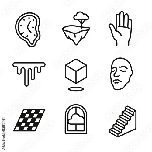 Surreal Art Icon Set. Outline icon set of surreal reality art: melting clock, floating island, disembodied hand, dripping paint,