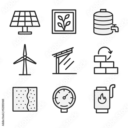 Sustainable Design Icons. Outline icon set of sustainable design elements: solar panel array, green wall panel, rainwater tank,