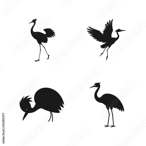 Brolga bird silhouette set perfect for crane and wetland wildlife themes vector illustration.
