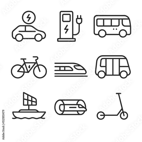 Sustainable Transport Icons. Outline icon set of green transportation solutions: electric vehicle, charging station, hydrogen bus,