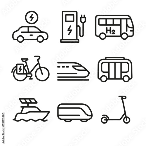 Sustainable Transport Icons. Outline icon set of green transportation solutions: electric vehicle, charging station, hydrogen bus,