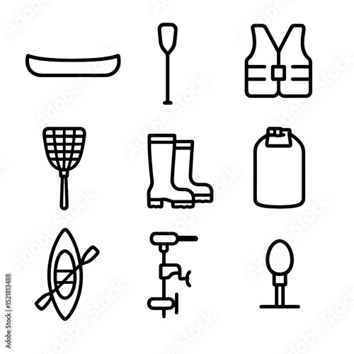 Swamp Gear Icons. Outline icon set of swamp watercraft and gear: canoe, paddle, life jacket, fishing net, wading boots, waterproof