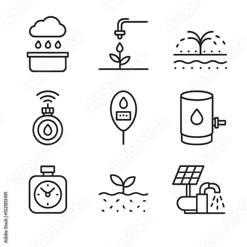 Sustainable Irrigation Icons. Outline icon set of sustainable irrigation methods: rainwater catchment, drip emitter, soaker hose,
