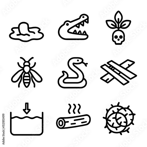 Swamp Hazard Icons. Outline icon set of swamp dangers: quicksand patch, alligator jaw, poisonous plant, stinging insect, venomous