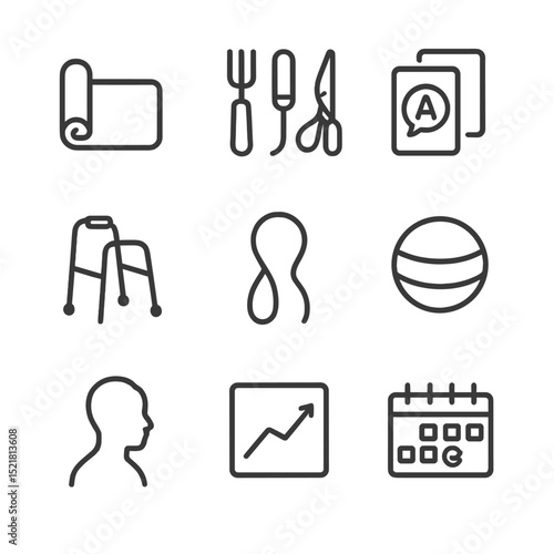 Therapy Icons Outline. Outline icon set of therapy and rehabilitation services: physical-therapy mat, occupational-therapy tools,