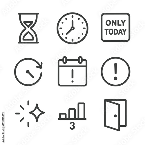 Time-Limited Icon Set. Outline icon set of limited-time offers: hourglass silhouette, ticking clock hand, “Only Today” label, time