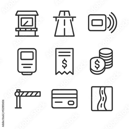 Toll Payment Icons. Outline icon set of toll payment fees: toll booth, highway sign, RFID tag, transponder device, payment receipt