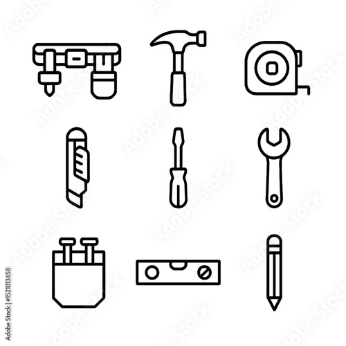 Tool Belt Icons. Outline icon set of tool belt on girder: tool belt, hammer, tape measure, utility knife, screwdriver, wrench,