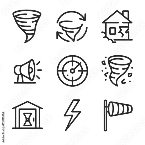 Tornado Icon Set. Outline icon set of tornadoes and twisters: funnel cloud, rotating arrows, damage icon, warning siren, radar