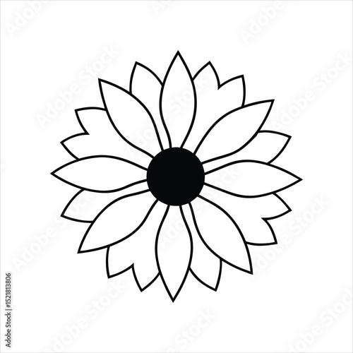 Simple Black and White Flower Illustration with Petals and a Dark Center