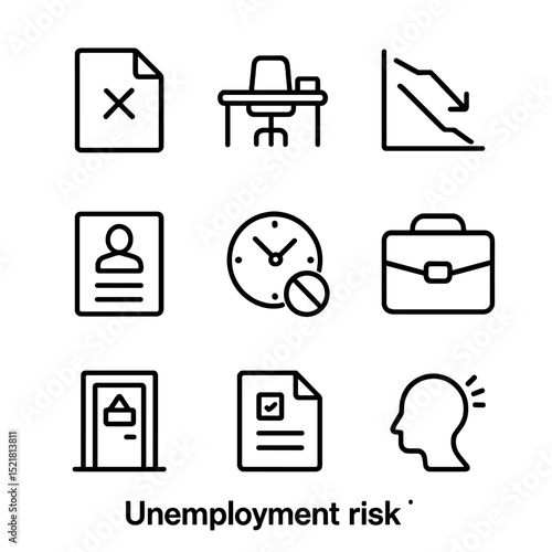 Unemployment Risk Icons. Outline icon set of unemployment risk: pink slip, empty desk, falling graph, job application form, clock