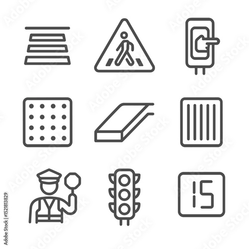 Urban Crosswalk Icons. Outline icon set of urban crosswalk elements: zebra stripes, pedestrian crossing sign, crosswalk button,