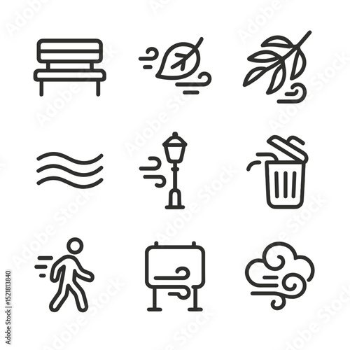 Urban Park Icon Set. Outline icon set of gust through urban park: park bench, fallen leaf, swaying branch, wind lines, lamp post,