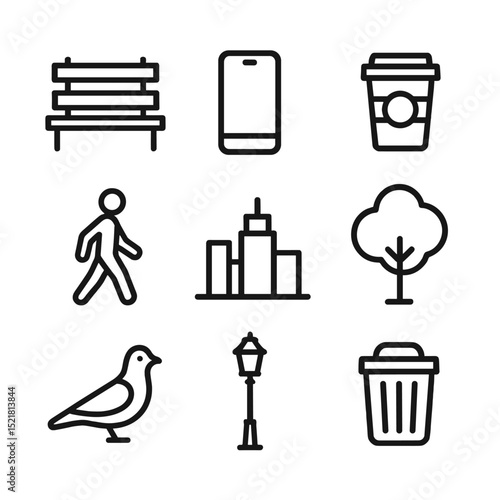 Urban Relaxation Icons. Outline icon set of urban relaxation scene: park bench, smartphone, coffee cup, passerby silhouette, city