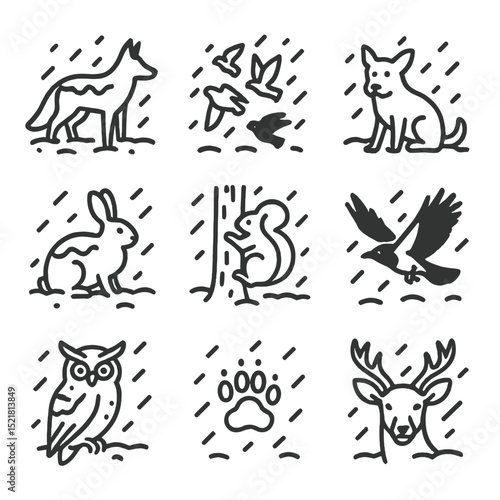 Urban Wildlife Icons. Outline icon set of urban wildlife in blizzard: fox silhouette, pigeon flock, stray dog, rabbit in snow,