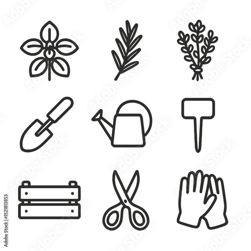 Urban Herb Garden Icons. Outline icon set of urban rooftop herb garden: basil plant, rosemary sprig, thyme bunch, trowel, watering